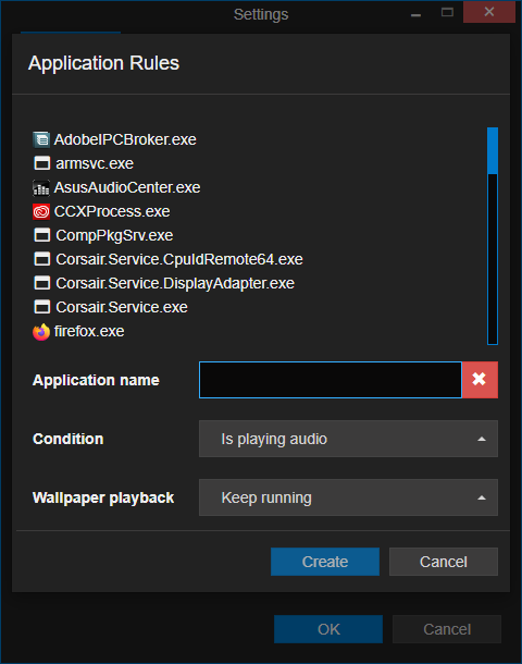 Application Rules can be found in the "Performance" tab of the Wallpaper Engine settings