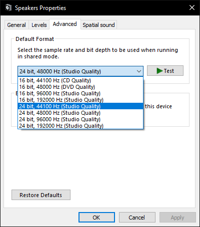 Set the sampling rate to "24 bit, 44100 Hz"