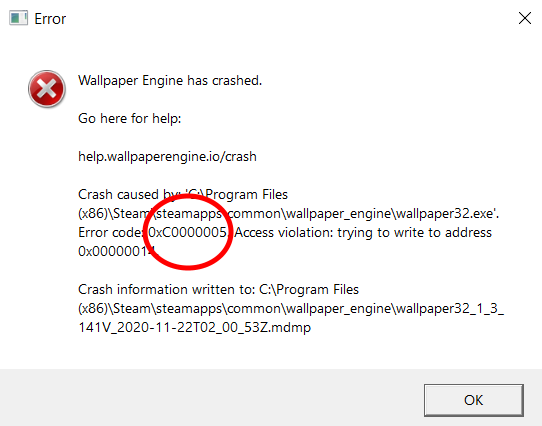 "0xC0000005" Wallpaper Engine crash message
